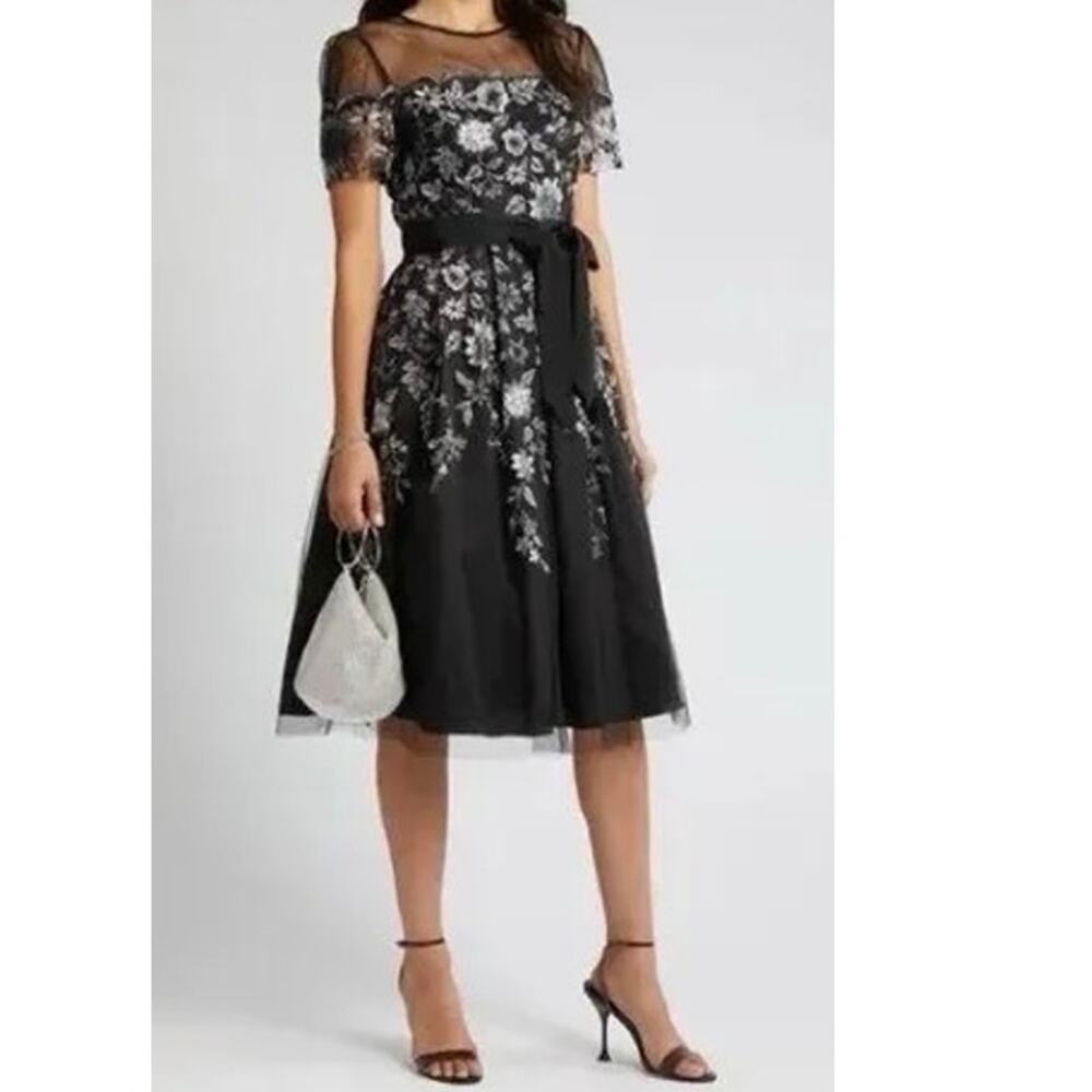 NWT Eliza J Embroidered Illusion Fit & Flare Dress Navy Sz 14